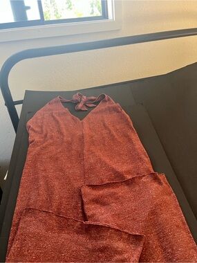 Free People Marled Rust Knit Halter Top Jumpsuit with Tie Detail at Neckline L